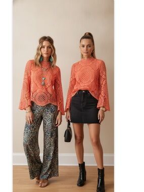 Ultra Pink Coral Crochet Lace Mock Neck Blouse